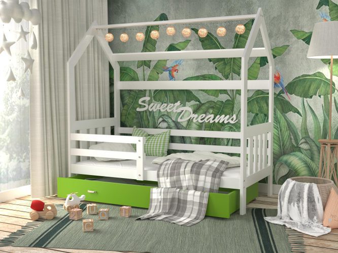 Łóżko domek z szufladą aranżacja biało zielone RICOS 2
