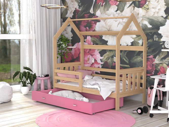 Łóżko domek z szufladą aranżacja sosnowe różowe RICOS 2