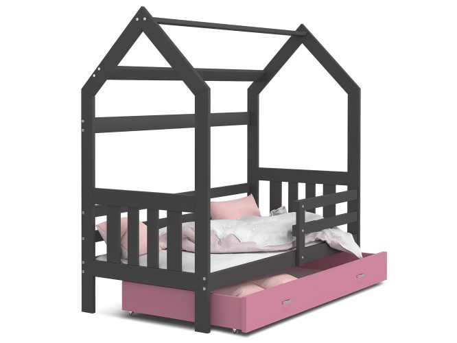 Łóżko domek z szufladą szaro różowe ikonka RICOS 2