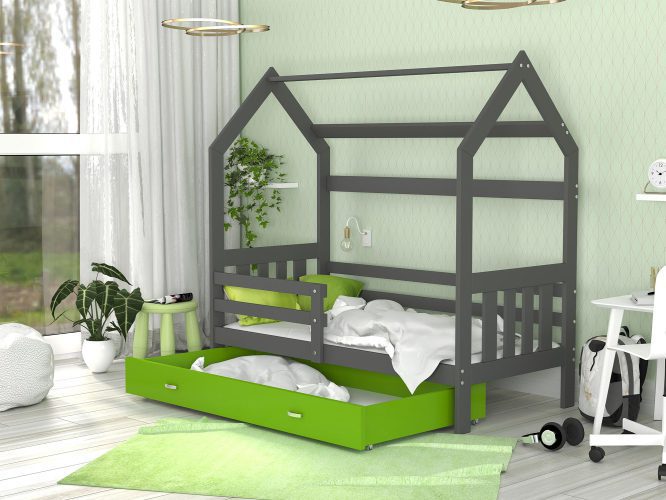 Łóżko domek z szufladą aranżacja szaro zielone RICOS 2