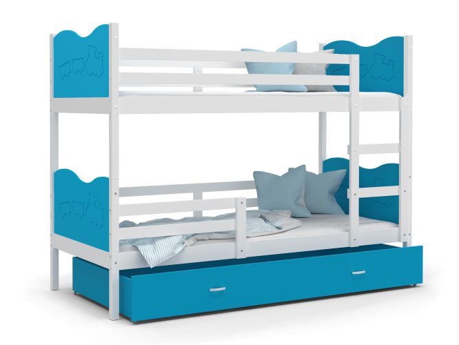 Łóżko piętrowe dla dziecka biały-błękit białe tło CUBI