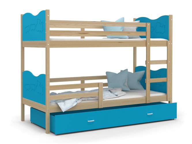 Łóżko piętrowe dla dziecka sosna-błękit białe tło CUBI