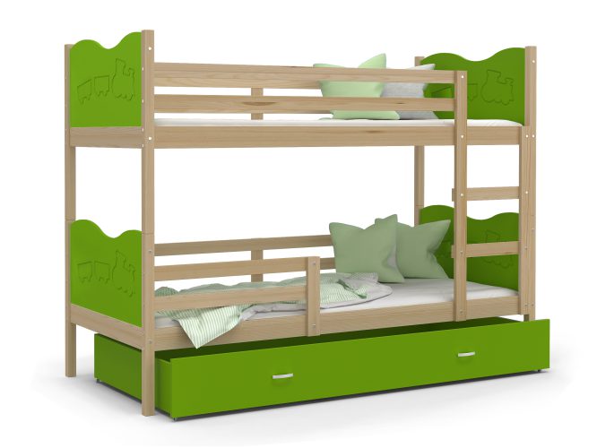 Łóżko piętrowe dla dziecka sosna-zieleń białe tło CUBI