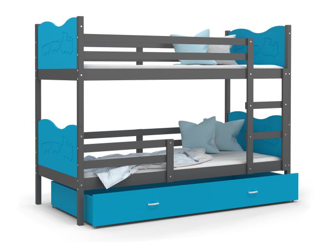 Łóżko piętrowe dla dziecka szary-błękit białe tło CUBI