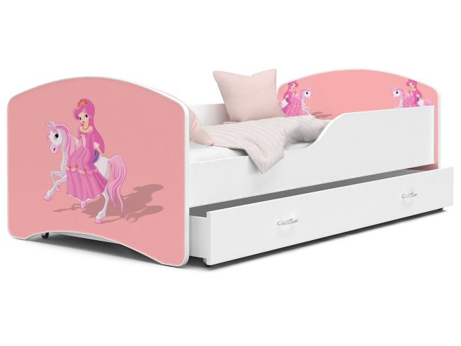 Łóżko dla dziewczynki z grafiką księżniczki i szufladą NORTON