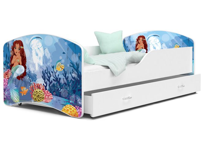 Łóżko dla dziewczynki z grafiką syrenka i szufladą NORTON
