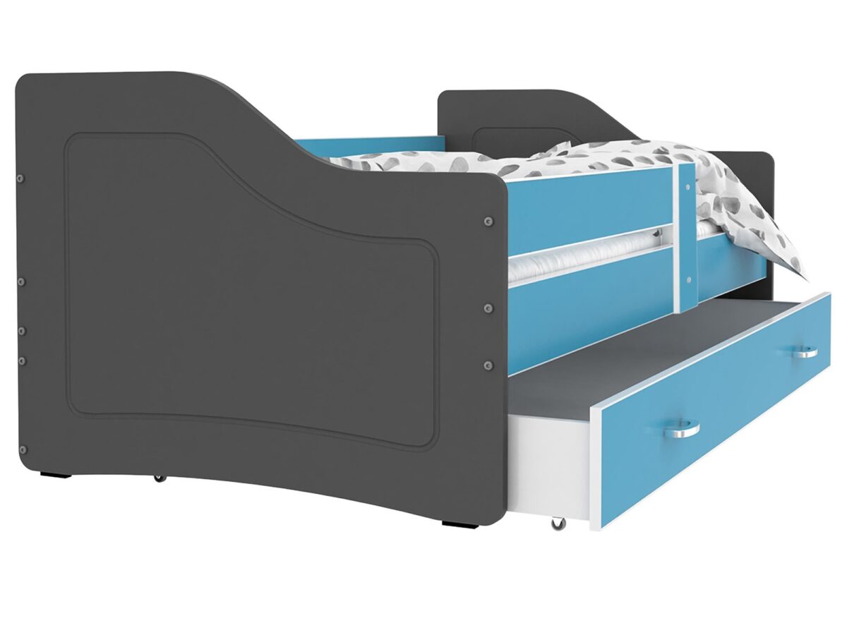 Łóżko parterowe z szufladą na pościel szaro-niebieskie SWING Łóżko parterowe z szufladą na pościel szaro-niebieskie SWING