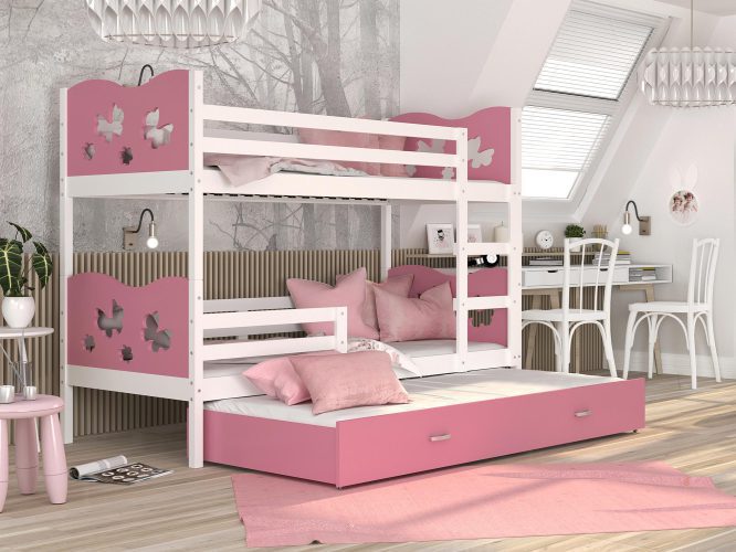 Piętrowe łóżko różowe dla dzieci z szufladą CUBI 3