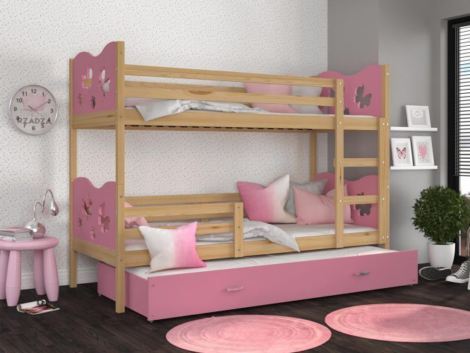 Piętrowe łóżko róż sosna dla dzieci z szufladą CUBI 3