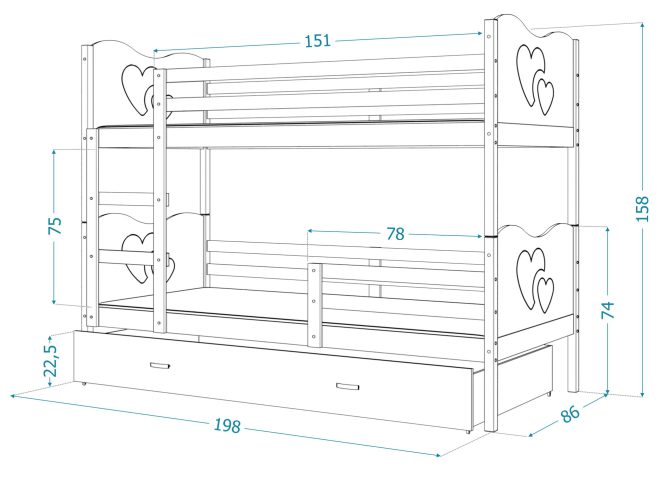 Piętrowe łóżko 190x80 dla dzieci z szufladą CUBI 3