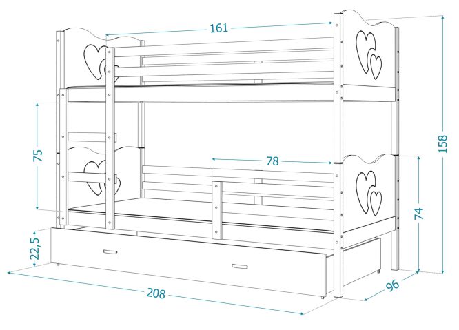 Piętrowe łóżko 200x90 dla dzieci z szufladą CUBI 3