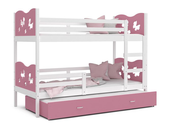 Piętrowe łóżko biało różowe motylki z szufladą CUBI 3