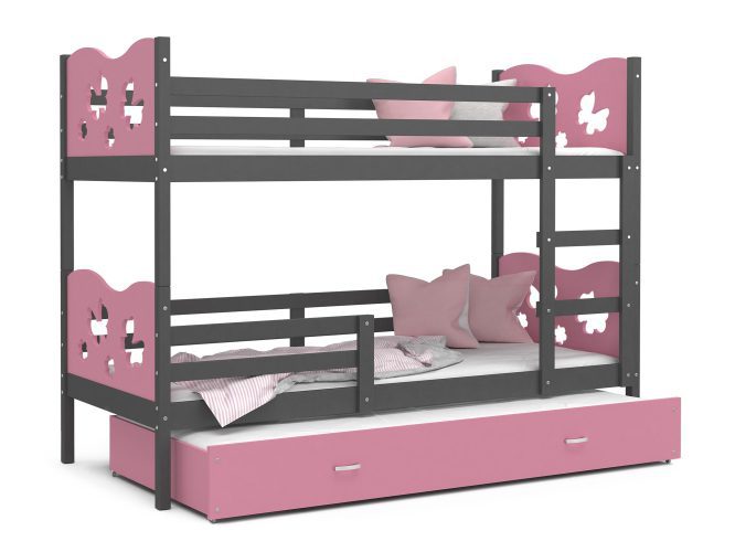 Piętrowe łóżko różowo szare motylki z szufladą CUBI 3