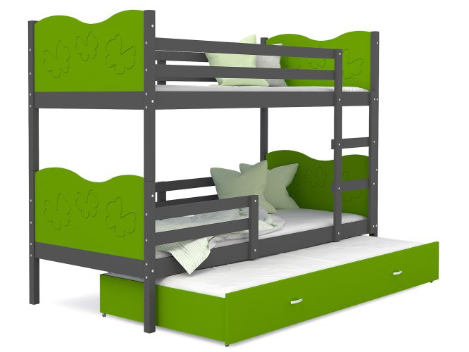 Piętrowe łóżko zielono szare motylki z szufladą CUBI 3