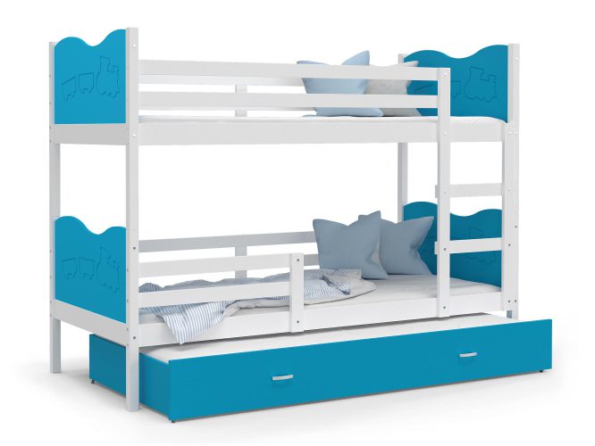 Piętrowe łóżko niebiesko białe pociąg z szufladą CUBI 3