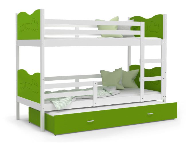 Piętrowe łóżko zielono białe pociąg z szufladą CUBI 3