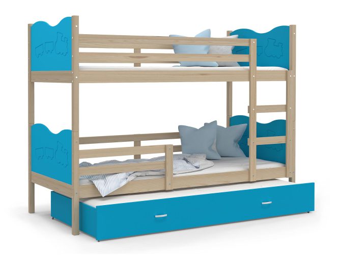 Piętrowe łóżko niebieskie sosnowe pociąg z szufladą CUBI 3
