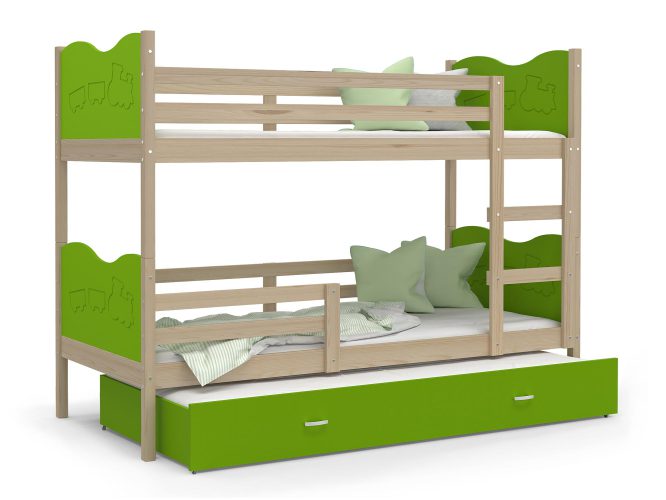 Piętrowe łóżko zielone sosnowe pociąg z szufladą CUBI 3