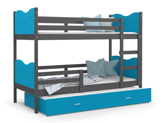 Piętrowe łóżko niebiesko szare pociąg z szufladą CUBI 3