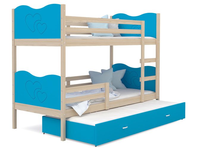 Piętrowe łóżko sosnowe niebieskie serca z szufladą CUBI 3