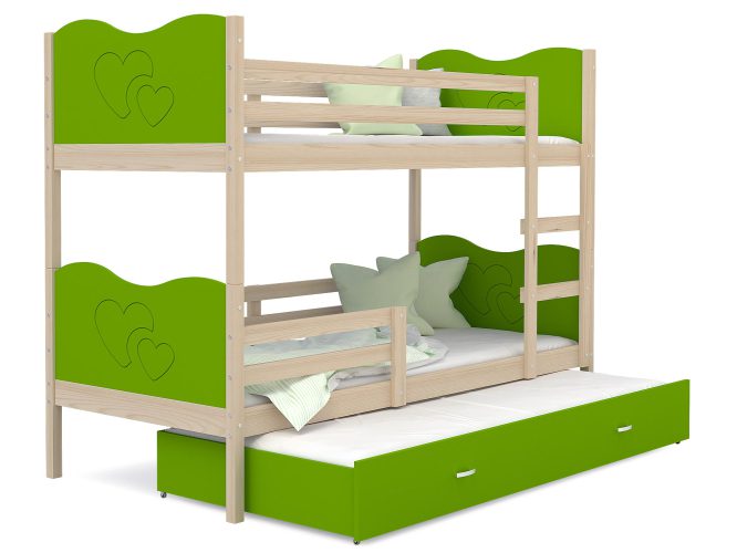 Piętrowe łóżko sosnowe zielone serca z szufladą CUBI 3