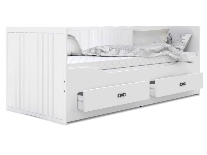 Białe łóżko rozkładane dla dziecka z szufladami białe tło PEGASUS