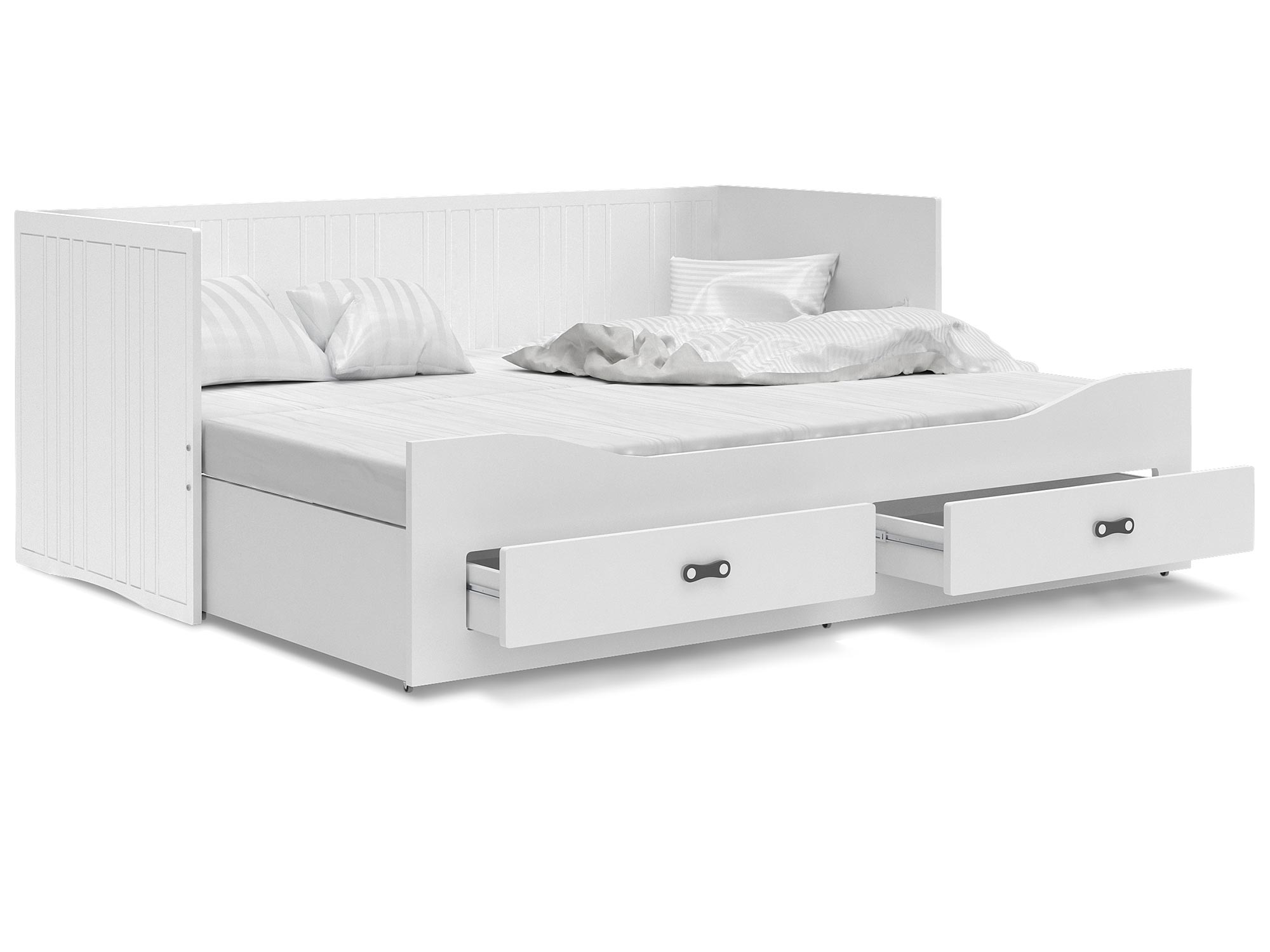 Białe łóżko rozkładane dla dziecka z szufladami rozłożone białe tło PEGASUS