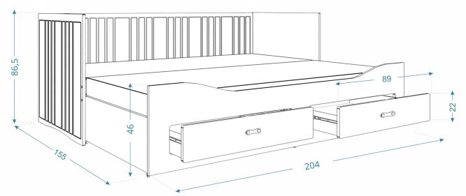 Białe łóżko rozkładane dla dziecka z szufladami rozłożone wymiary PEGASUS