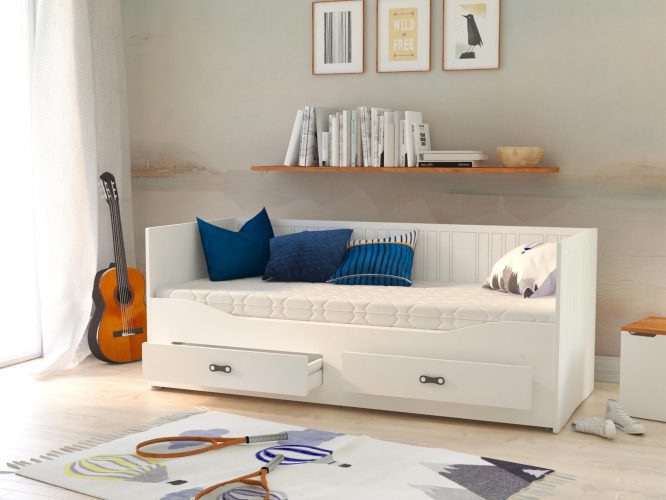 Białe łóżko rozkładane dla dziecka z szufladami aranż pokoju PEGASUS