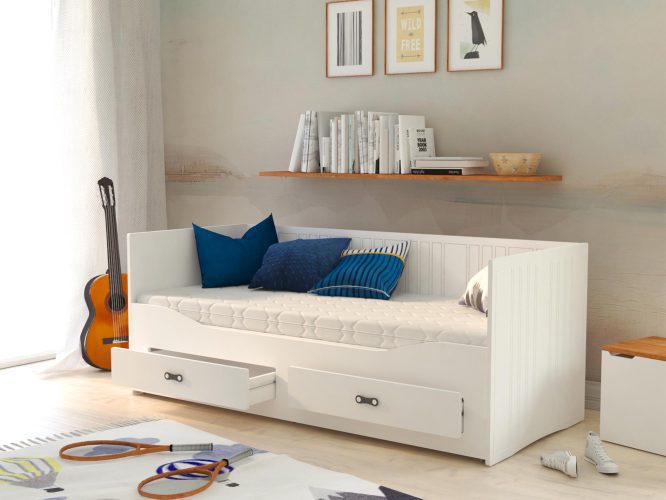 Białe łóżko rozkładane dla dziecka z szufladami aranżacja pokoju PEGASUS