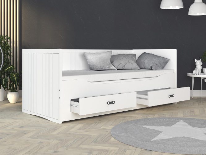 Białe łóżko rozkładane dla dziecka z szufladami open PEGASUS