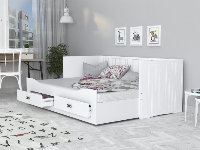 Białe łóżko rozkładane dla dziecka z szufladami rozłożone aranż pokój PEGASUS