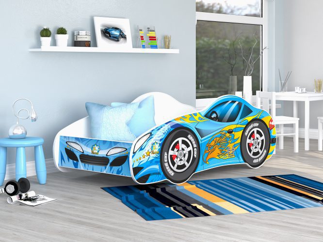 Łóżko auto dla dziecka z materacem niebieskie 140x70 SPEED
