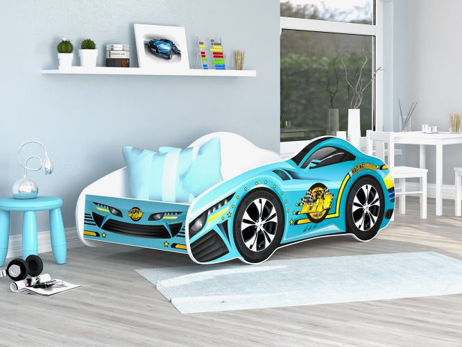 Łóżko auto dla dziecka z materacem błękit 140x70 SPEED