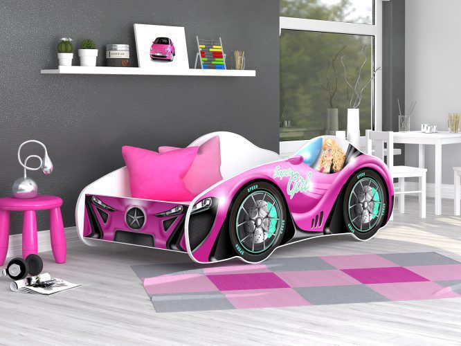 Łóżko auto dla dziecka z materacem róż 140x70 SPEED