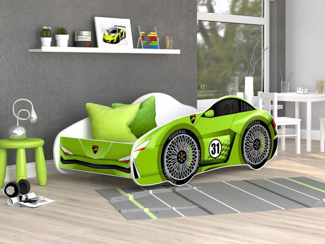 Łóżko auto dla dziecka z materacem zielone 140x70 SPEED