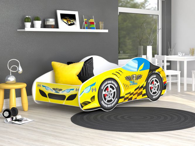 Łóżko auto dla dziecka z materacem żółty 140x70 SPEED