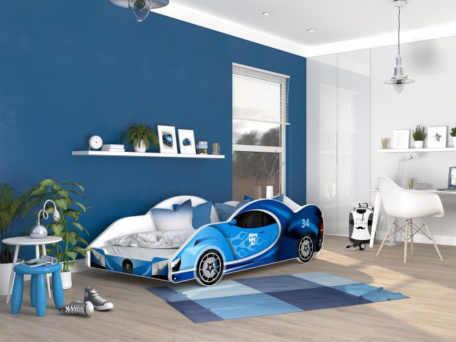 Łóżko auto do pokoju dziecięcego błękit SPEED 180x90