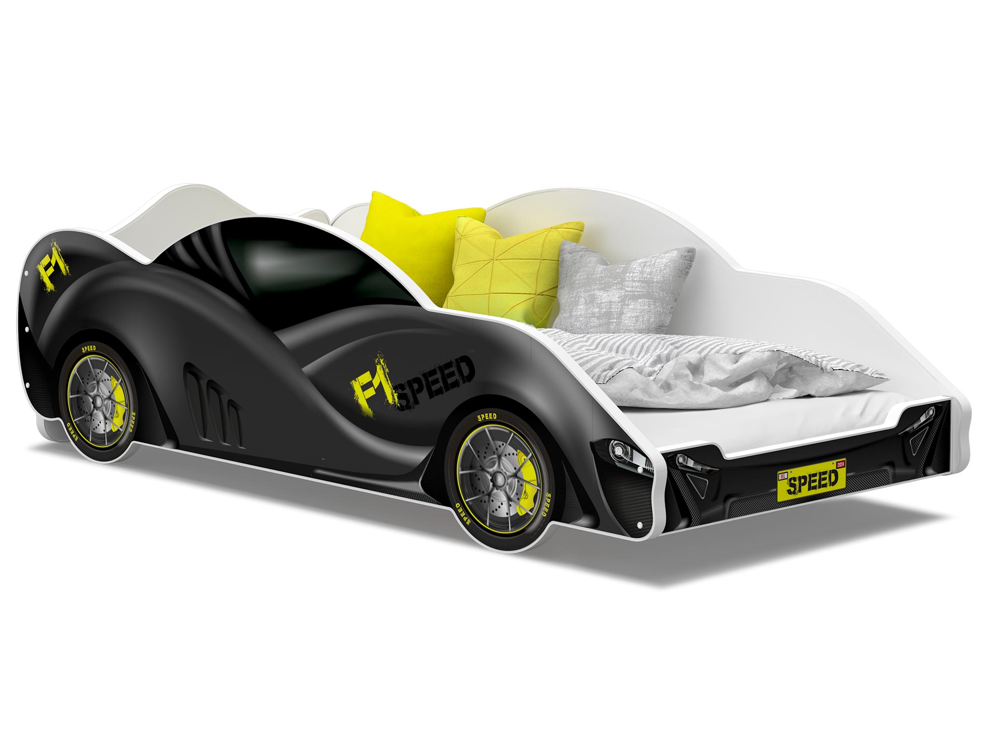 Łóżko auto do pokoju dziecięcego żółto szare SPEED 180x90