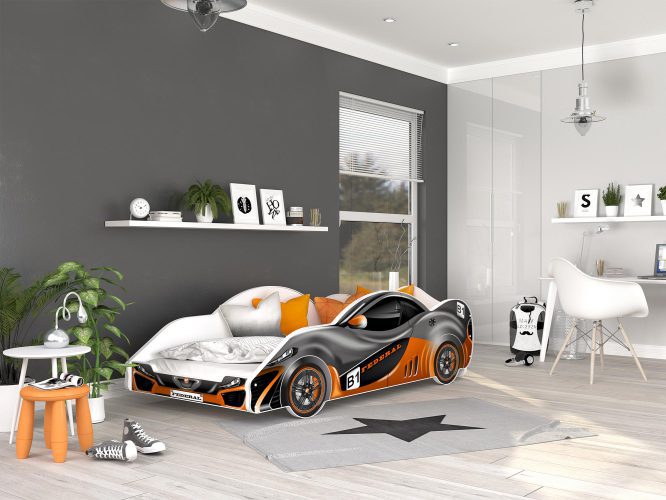 Łóżko auto do pokoju dziecięcego szaro pomarańczowe SPEED 180x90