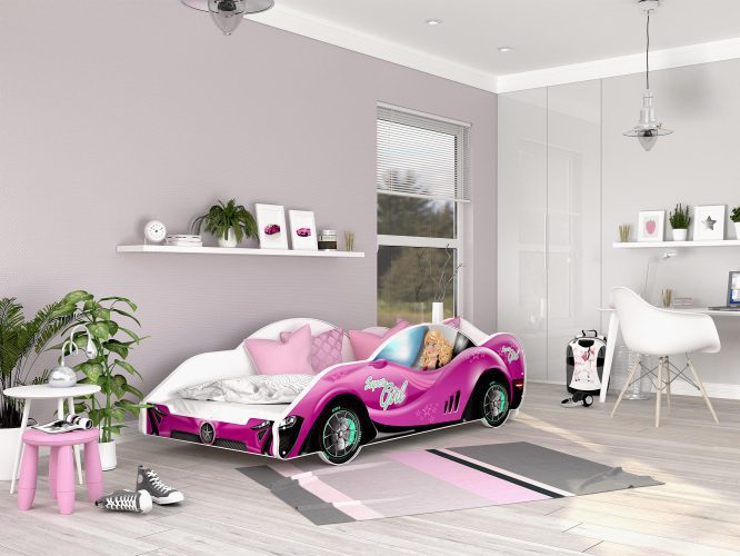 Łóżko auto do pokoju dziecięcego różowe SPEED 180x90