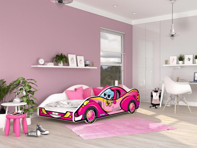 Łóżko auto do pokoju dziecięcego róż SPEED 180x90