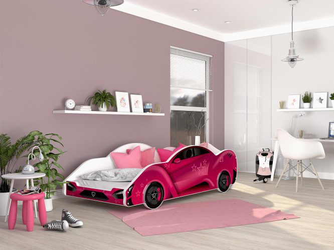 Łóżko auto do pokoju dziecięcego różowe SPEED 180x90