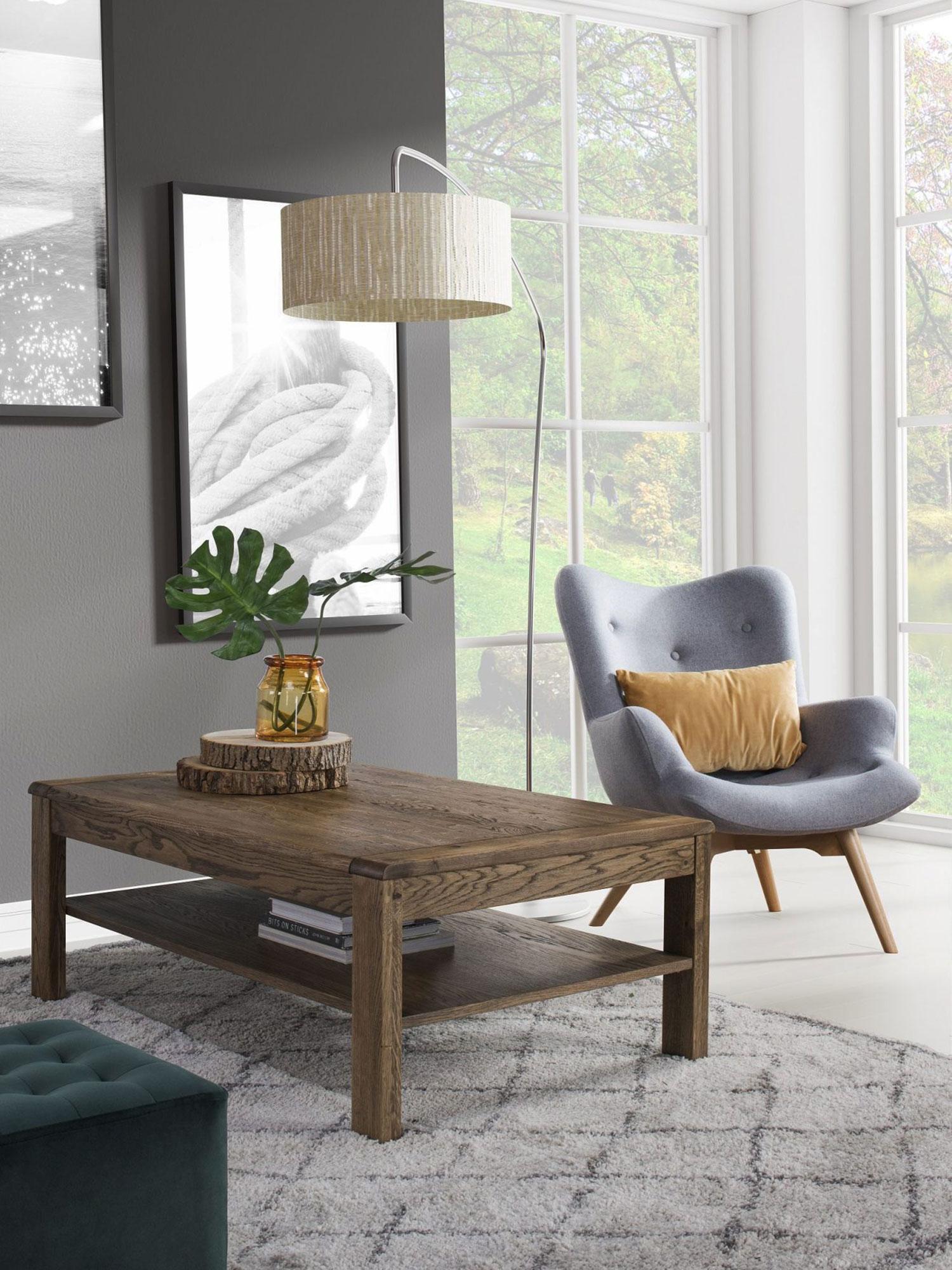 Prostokątny stolik kawowy dąb rustykalny z dolną półką