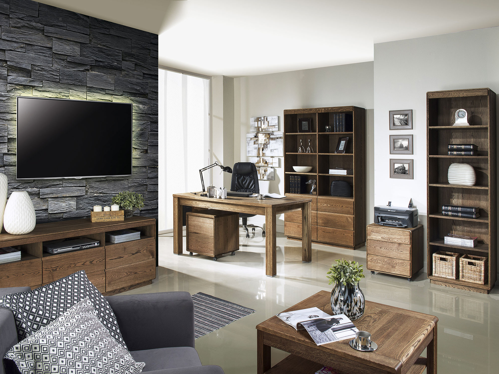 Elegancki stolik kawowy z drewna Seto Elegancki zestaw mebli biurowych z drewna dębowego