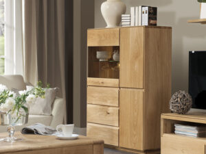 Miniaturka 13 - Wysoka witryna dąb naturalny z przeszklonymi drzwiami i szufladami