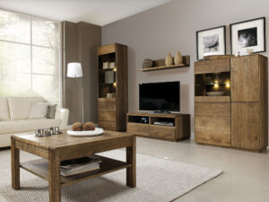 Miniaturka 10 - Meblościanka dąb craft z witryną szafką RTV i półką wiszącą