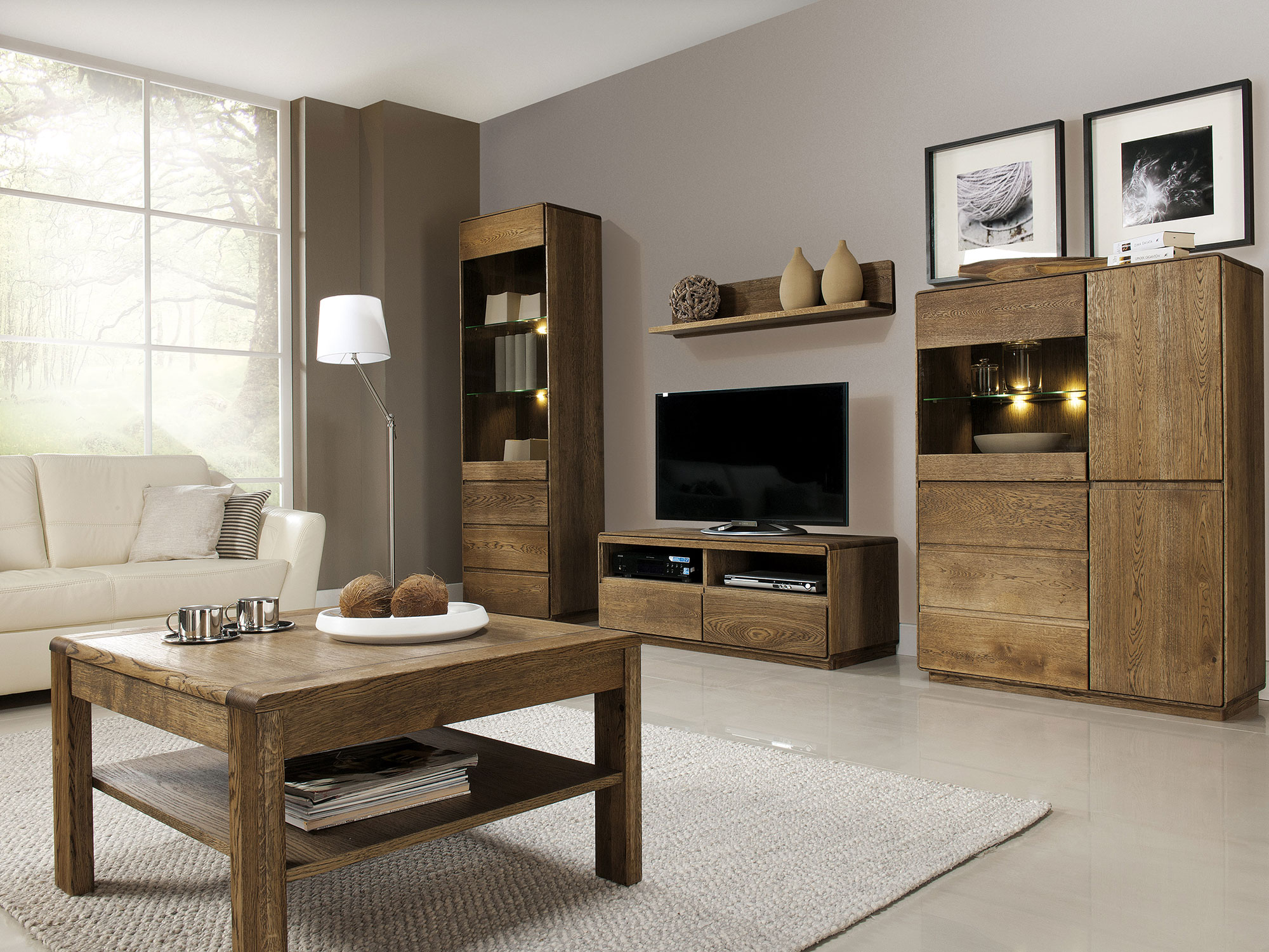 Stół dębowy palony zbliżenie Seto Meblościanka dąb craft z witryną szafką RTV i półką wiszącą