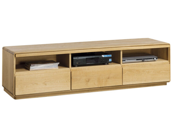 Drewniana szafka RTV dębowa z trzema szufladami i otwartymi półkami