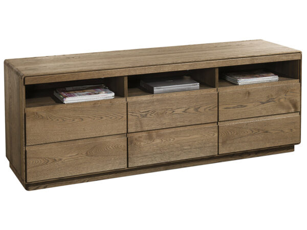 Drewniana szafka RTV dąb z sześcioma szufladami i półkami